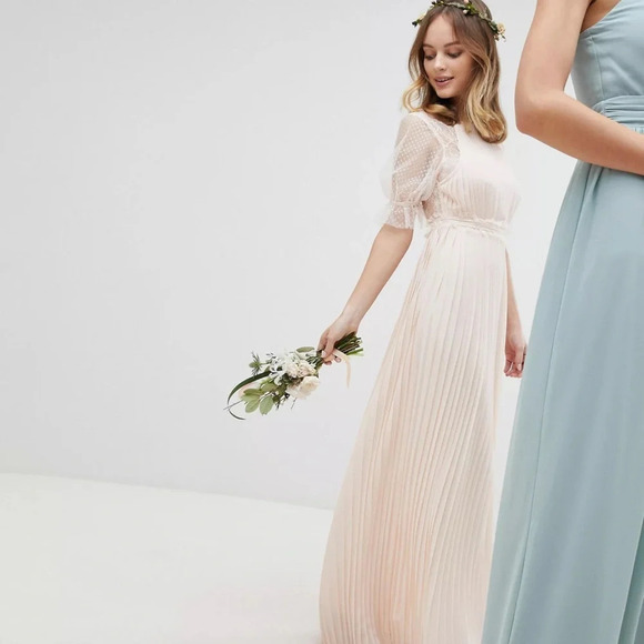 TFNC London Pleated Maxi Bridesmaid Dress With Spot Mesh Frill Detail - Picture 1 of 11